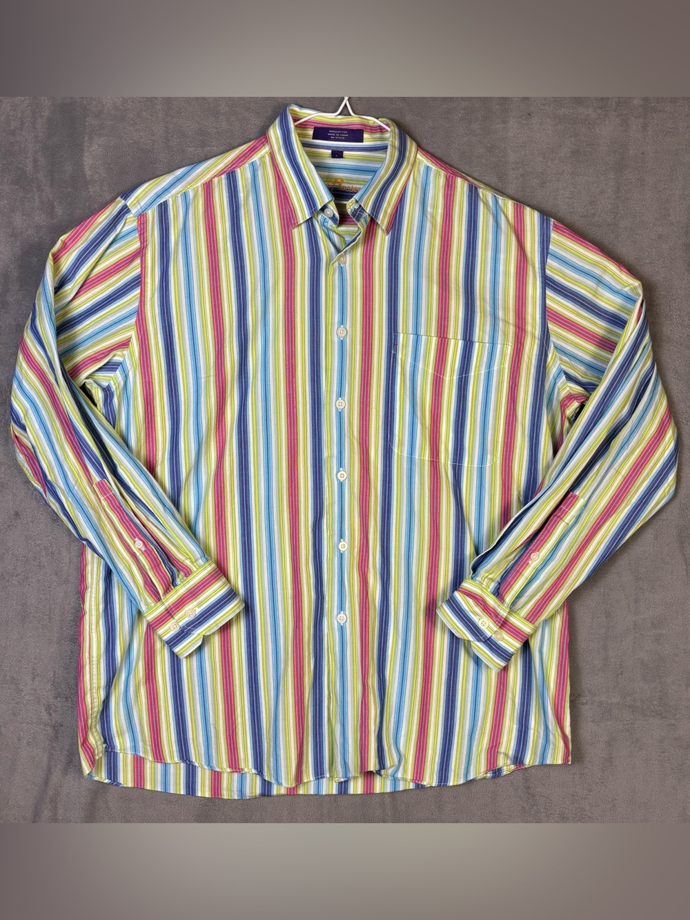 Alan Flusser Mens Large Striped Button Down Multi Color Long Sleeve Cotton Shirt